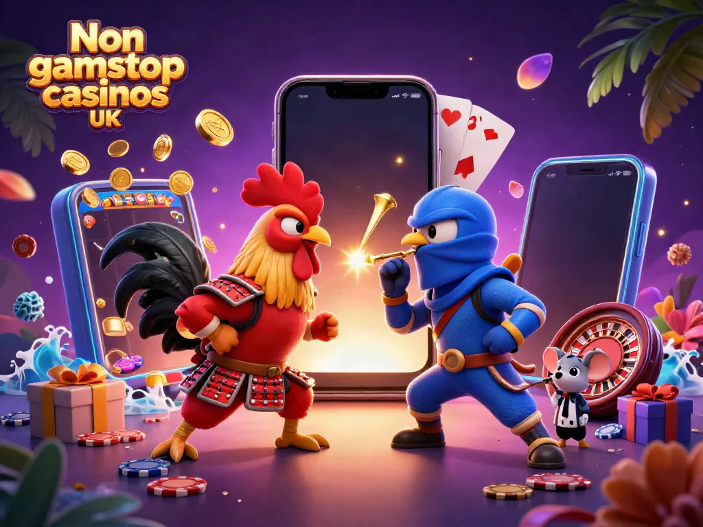 Engage with Non gamstop casinos UK featuring a dramatic standoff between samurai and ninja roosters amid casino elements.