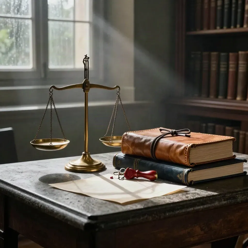 Brass scales, sealed leather file, keys and wax seal on a stone plinth in rain-lit shadows