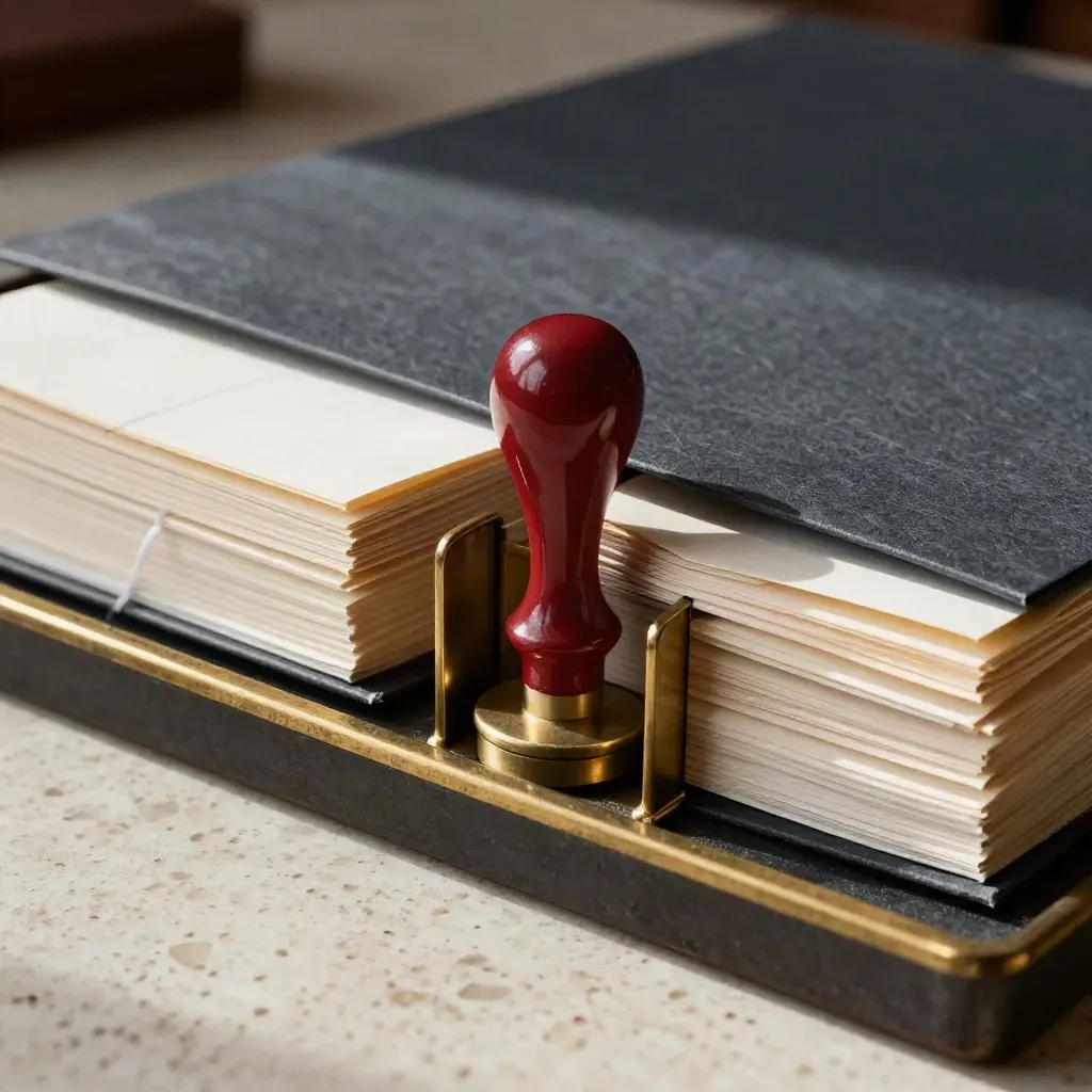 Sealed legal package with wax stamp between file stacks and brass divider