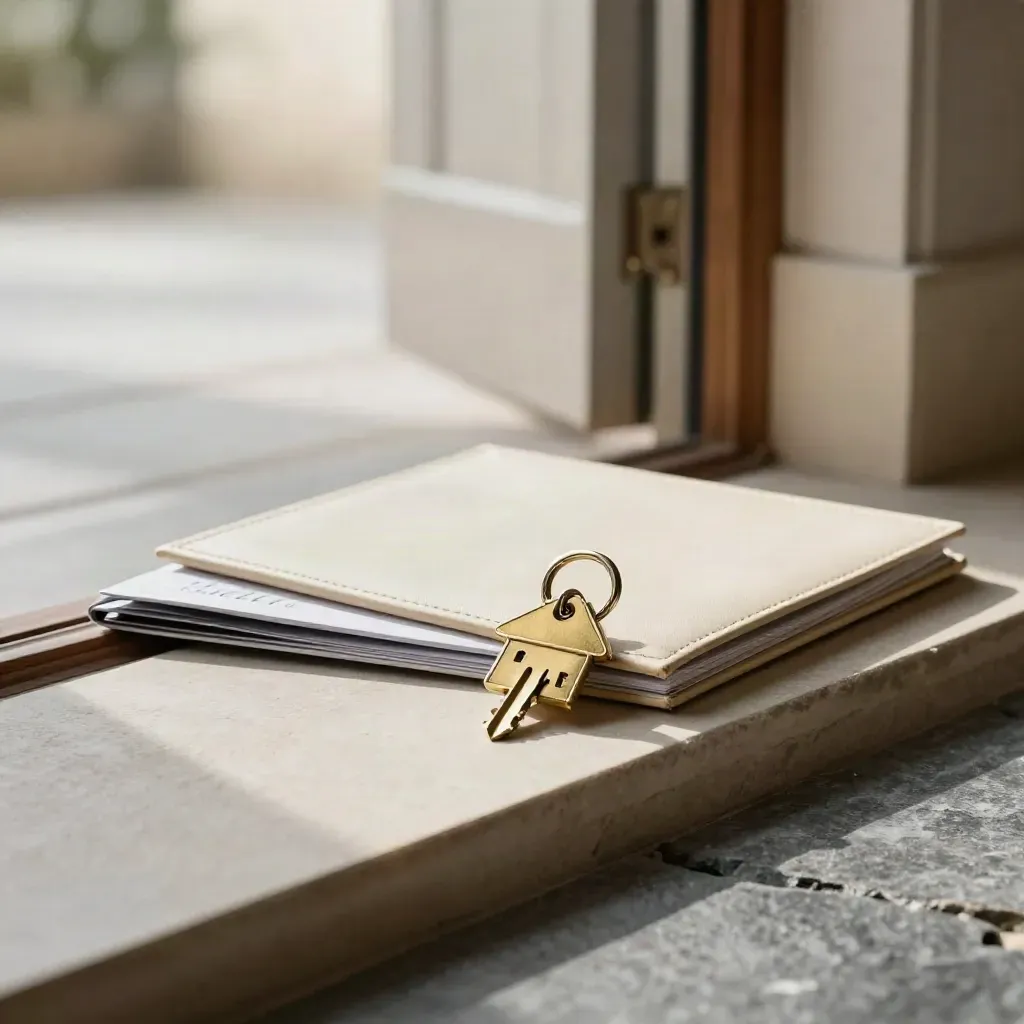 Brass keys, house ring and leather folio at a stone threshold in warm daylight.