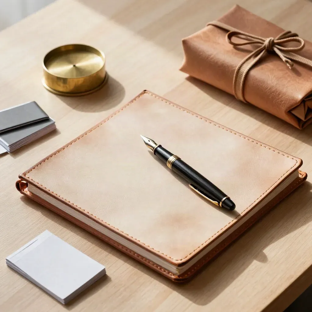 Overhead still life of a leather folio, brass paperweight, pen and folded case bundle on pale oak