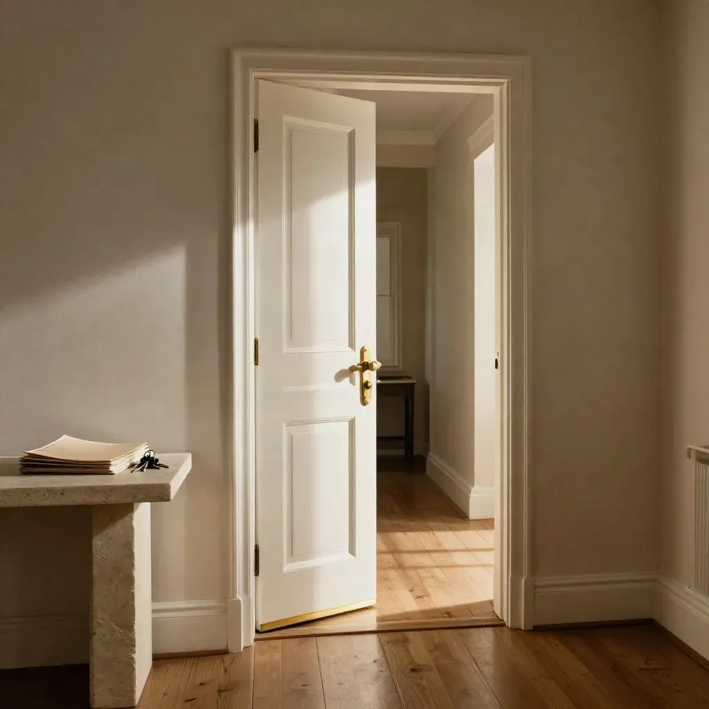 Restored rental hallway with brass lock, returned keys and a closed tenancy folder on a console ledge.