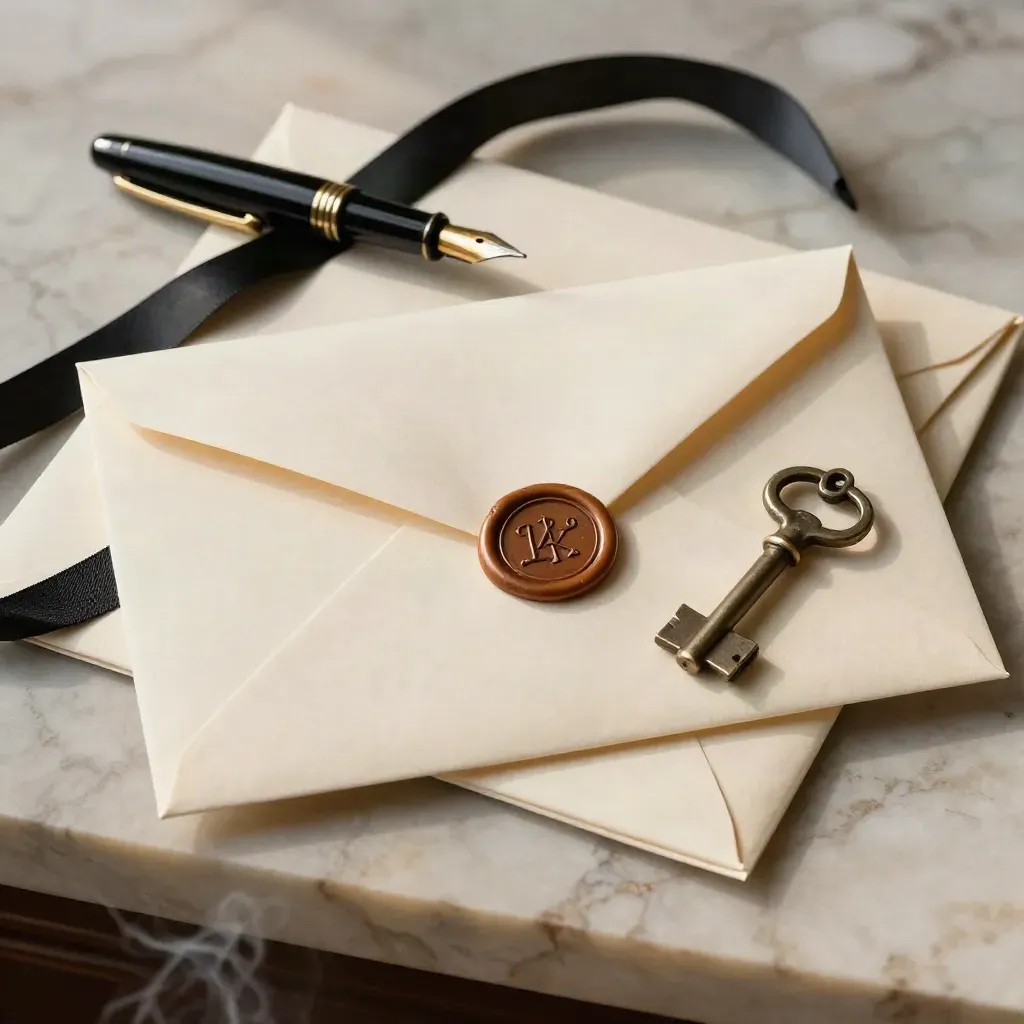 Estate envelope, key, ribbon, and pen on marble in warm light.