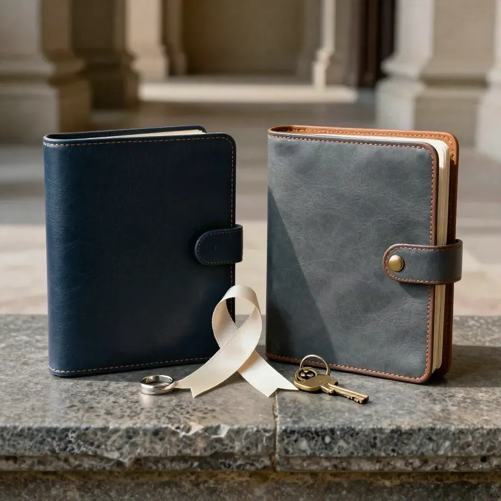 Separated folders, ring, ribbon, and house key on dark stone in moody family-law still life