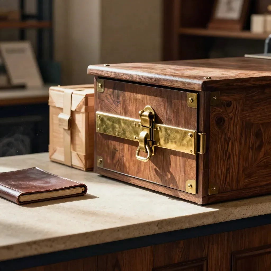 Brass latch, delivery crate corner and closed leather folio on a shop counter in soft light