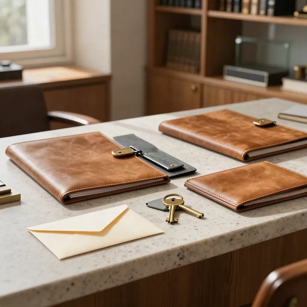 Separated legal folders, key set and sealed envelope on pale stone in warm window light.