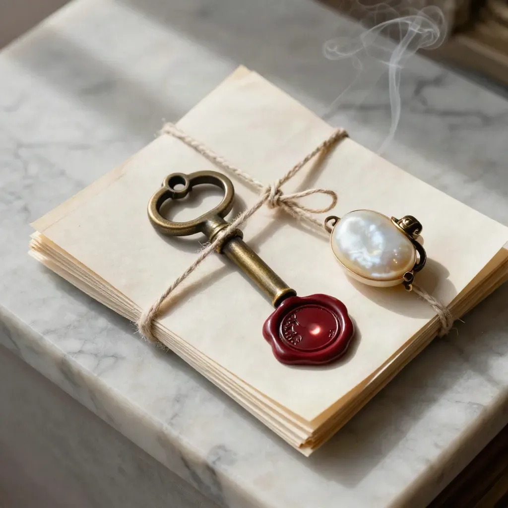 Macro flatlay of a sealed probate estate bundle with key and keepsake box on marble.