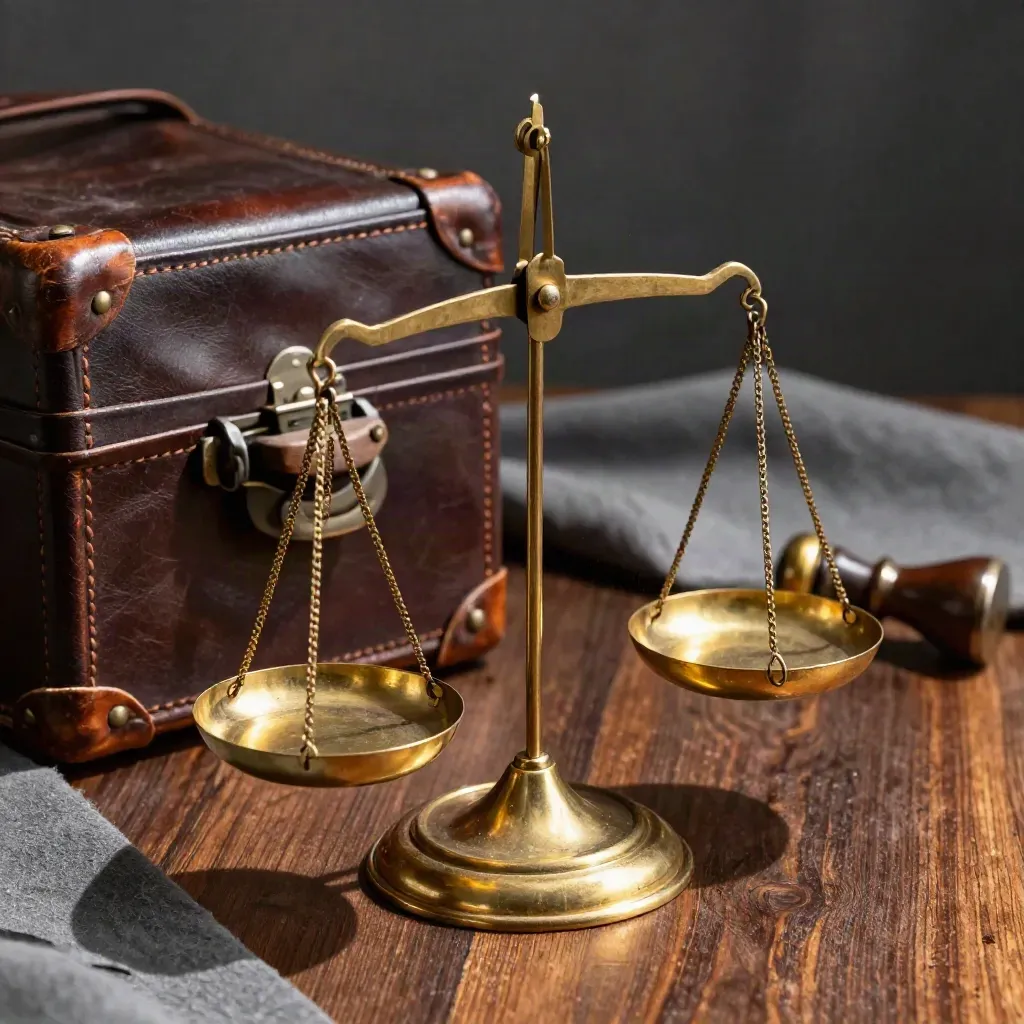Brass scales, leather case, and seal press on mahogany in dramatic low light.