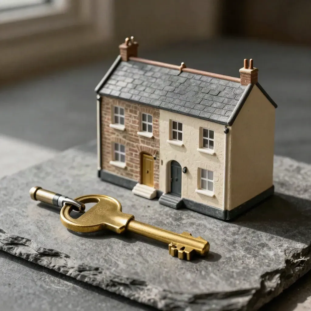 Brass key aligned with lock cylinder and tiny terraced-house model on slate in dramatic side light
