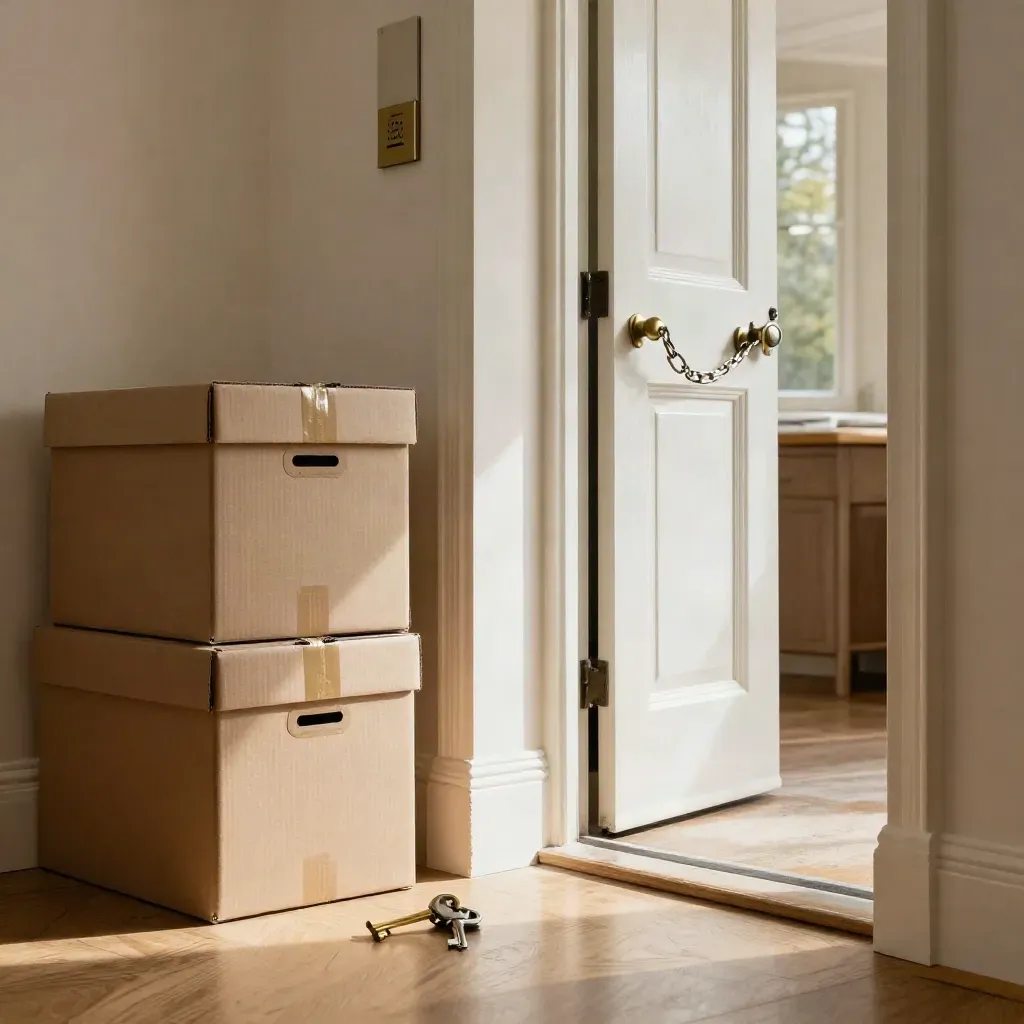 Bright hallway with moving boxes, keys on stone, and an open front door in warm morning light.