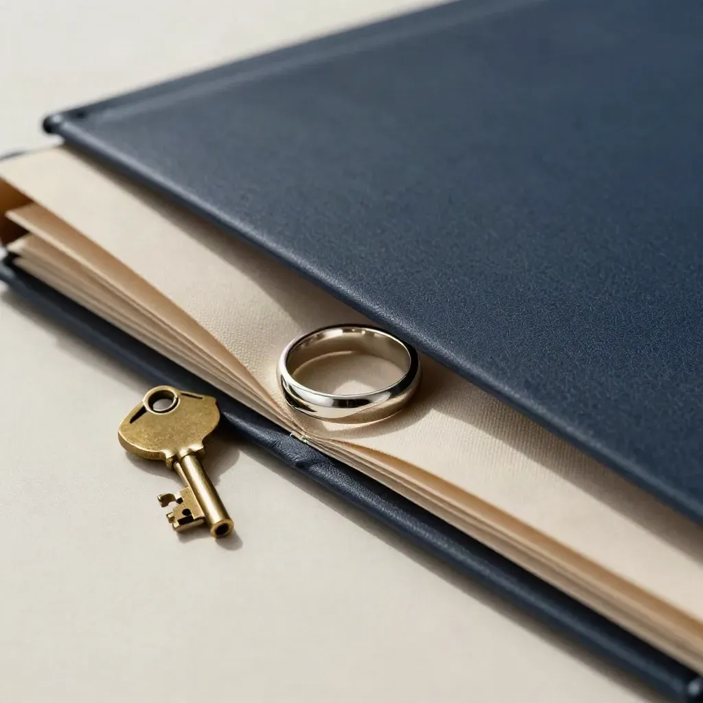 Silver ring between legal folders and a small house key on soft linen, lit from above.
