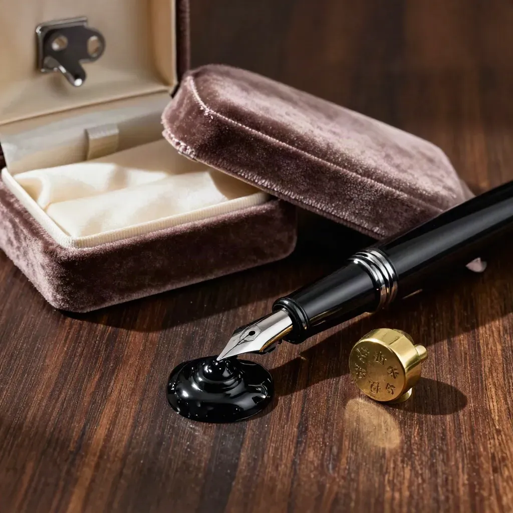 Fountain pen, sealing wax, and velvet box on dark walnut wood, lit dramatically.