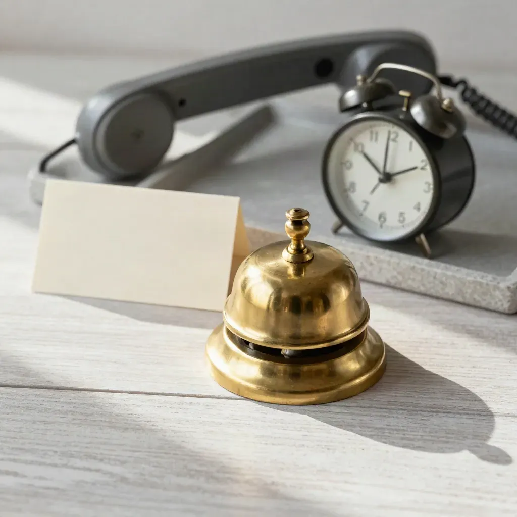 Brass bell, clock, and handset on pale wood in a clean legal booking still life.
