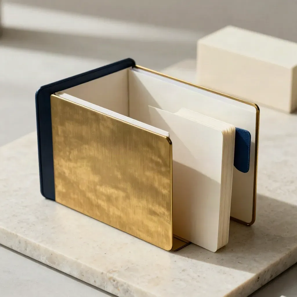 Two legal folders, brass divider, and notepad spine aligned on limestone with soft side light.
