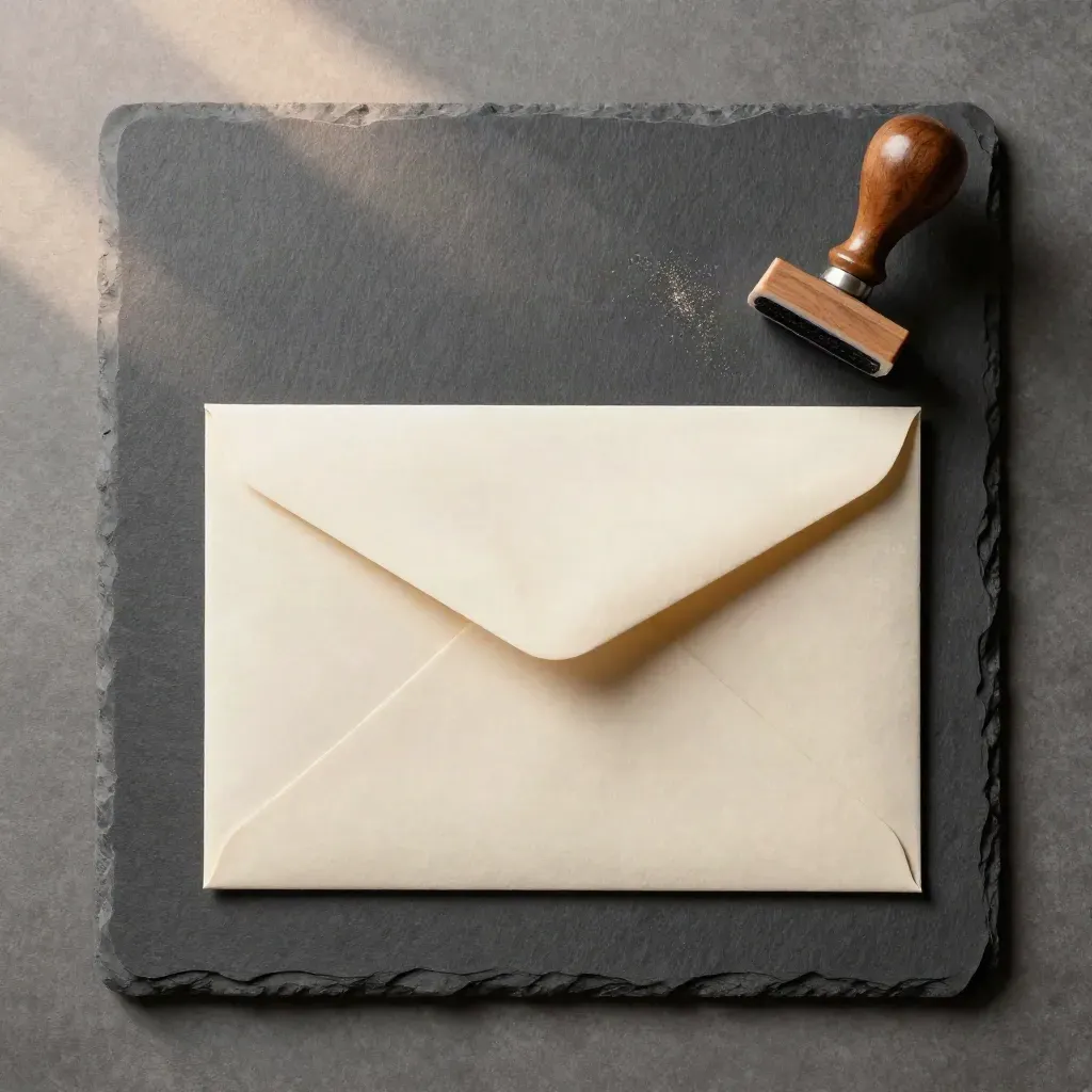 Cream courier envelope with file sleeve and stamp on slate, top-down