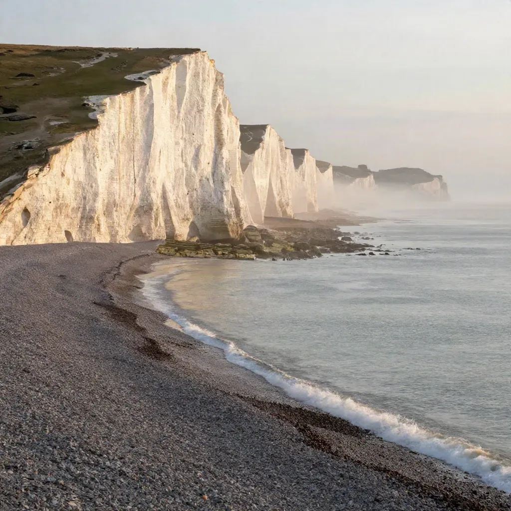 Seven Sisters chalk cliffs over misty shingle shore at sunset