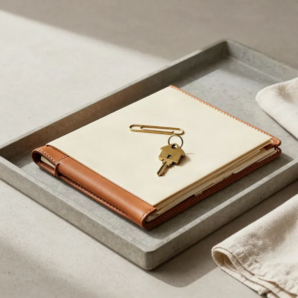 Overhead stone tray with a leather case, sealed folder, brass clip, key ring and folded cloth.