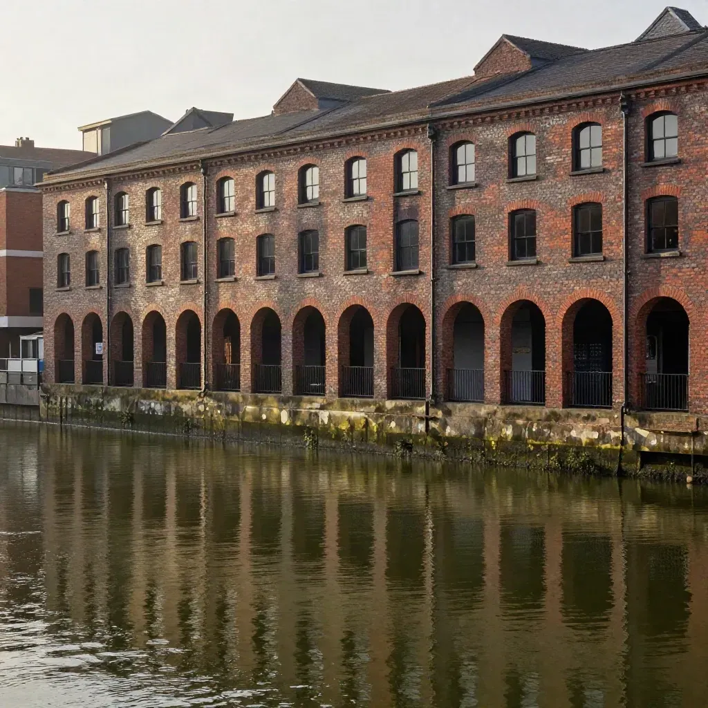Birmingham canal basin with redbrick buildings, iron railings and misty late light