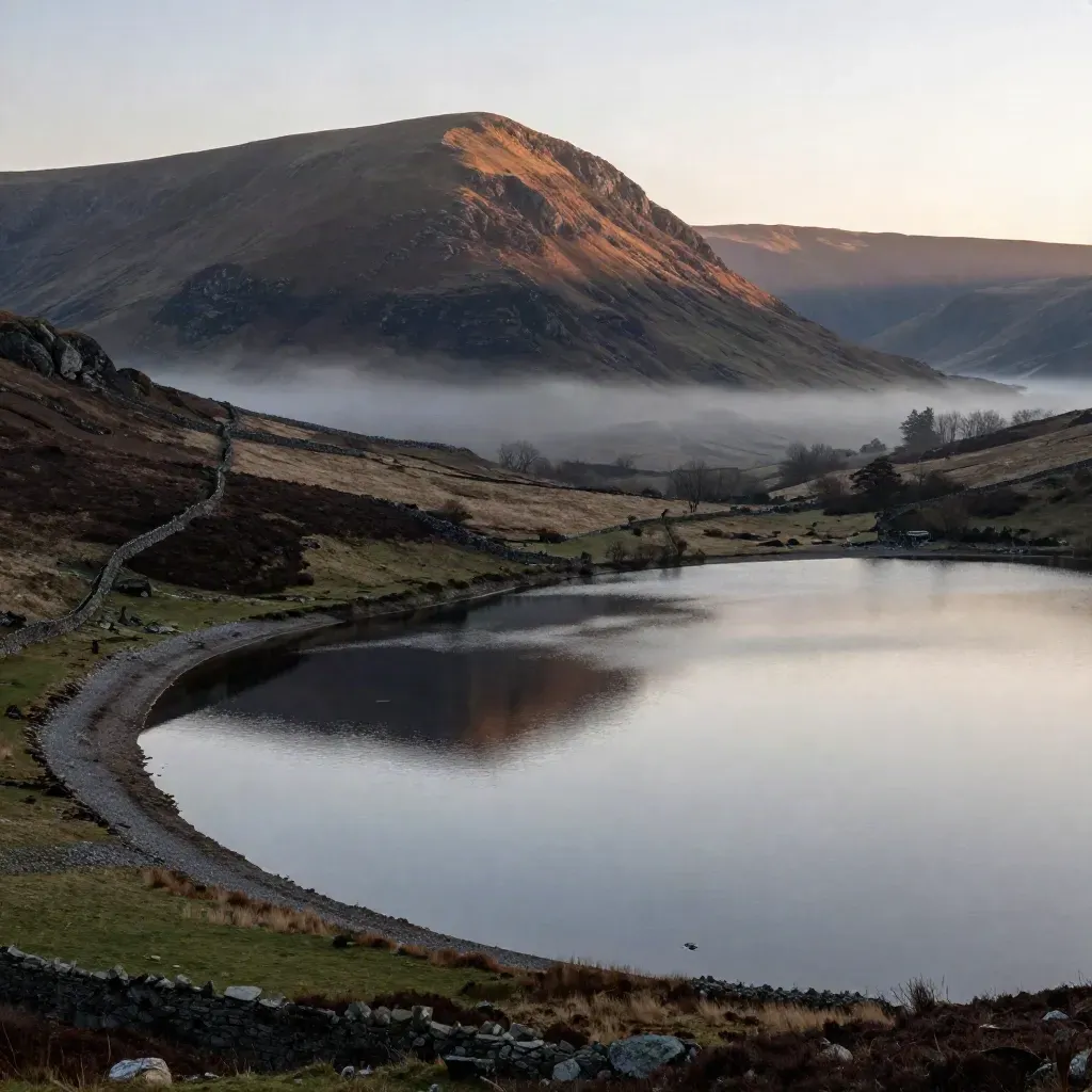 Lake District tarn at sunset beneath a misty fell ridge and stone walls