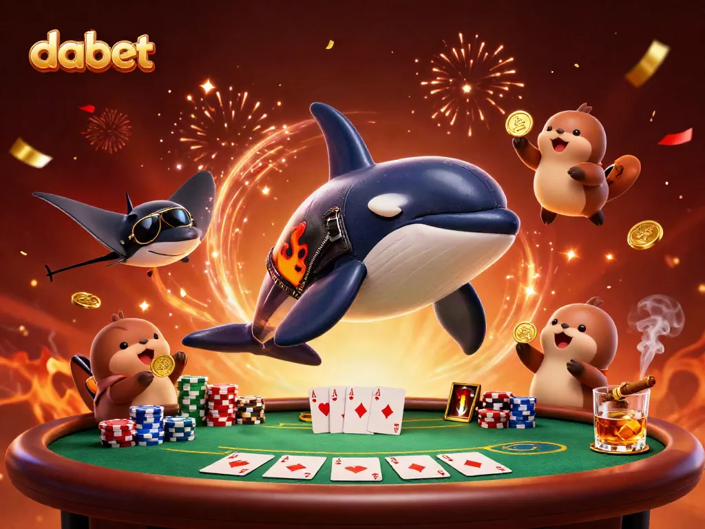 Dabet players enjoy a thrilling card game with cartoon orca and stingray, celebrating their wins.