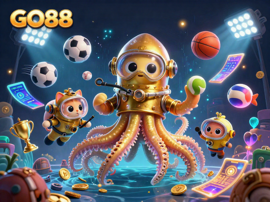 Experience thrilling gaming action with GO88, featuring cartoon kraken, diving cat, and vibrant sports elements.