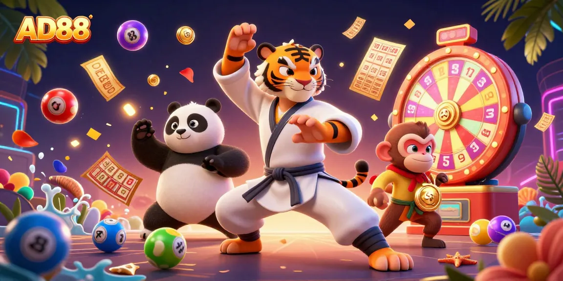 AD88 online gaming illustration featuring charismatic characters amidst colorful lottery elements.