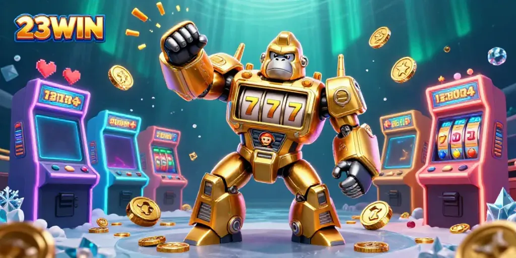 Experience thrill and excitement at 23WIN with a dynamic casino-themed cinematic illustration.