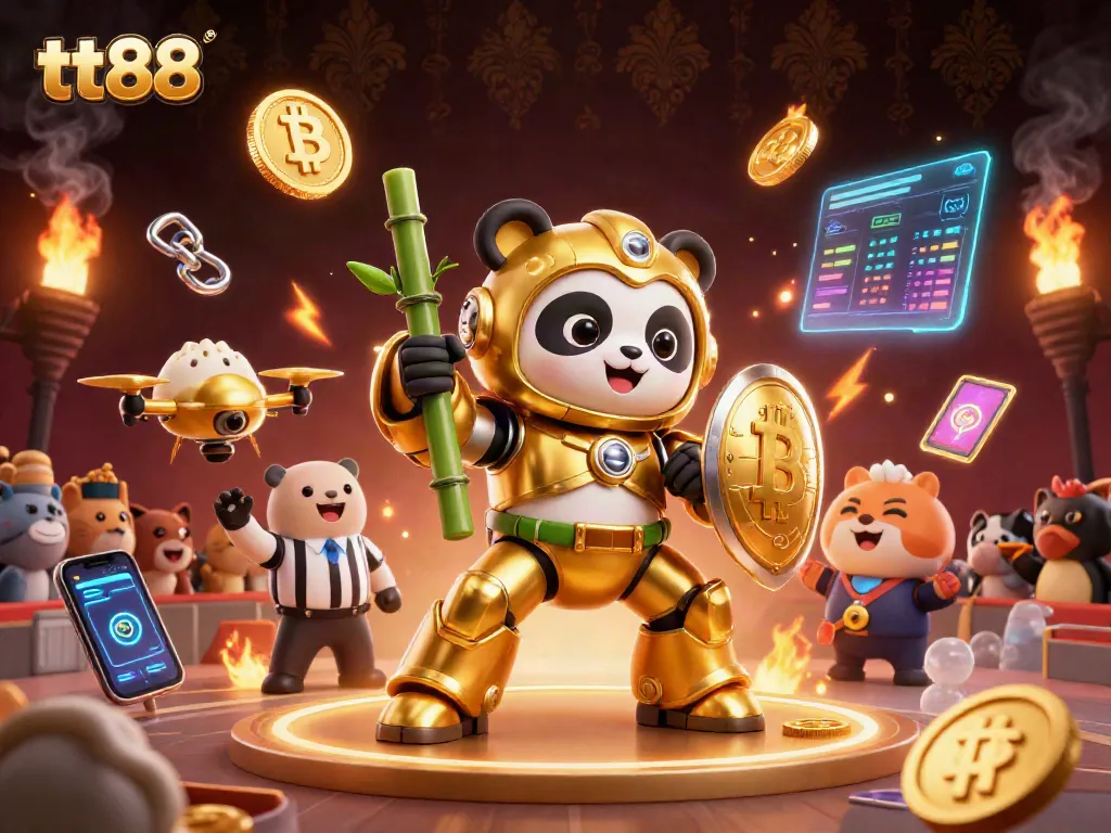 Engage in thrilling action at tt88 with a golden panda fighting robot amidst cryptocurrency elements.