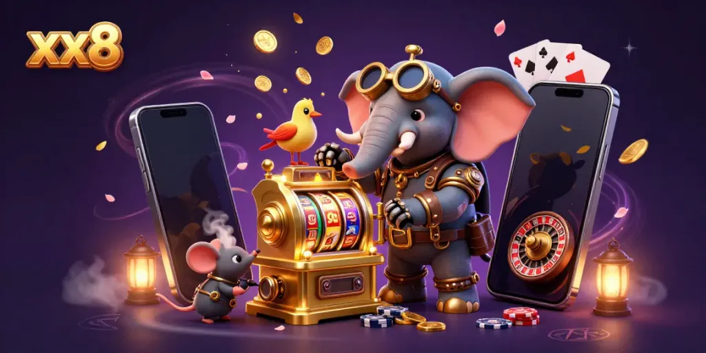 Experience the excitement of xx8 with a lively 3D steampunk elephant operating a slot machine, surrounded by gaming elements.