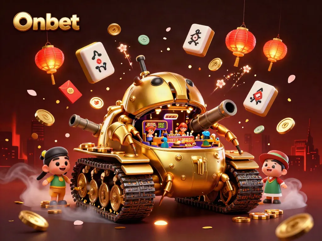 Experience the vibrant Onbet casino in a massive golden beetle tank surrounded by festive elements.