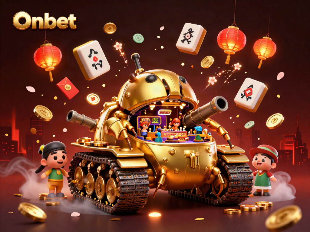 Experience the vibrant Onbet casino in a massive golden beetle tank surrounded by festive elements.