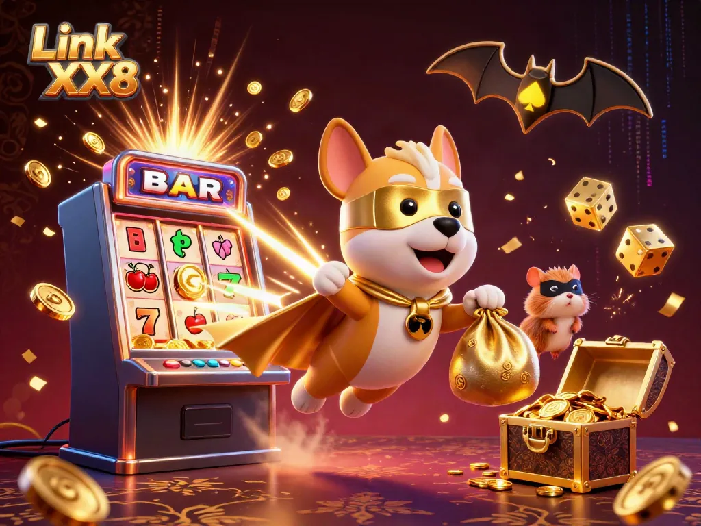 Link XX8 showcases a superhero dog and hamster flying over a jackpot slot machine explosion.