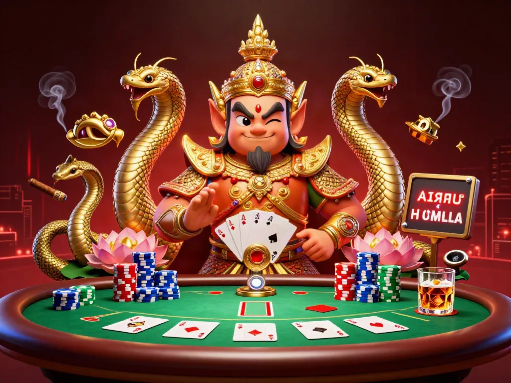 Engaging scene showcasing Casinos not on Gamstop with a friendly yaksha guardian and thrilling poker elements.