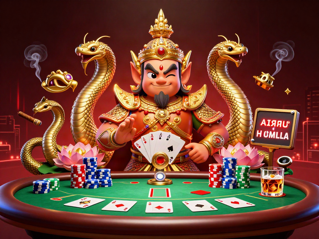 Engaging scene showcasing Casinos not on Gamstop with a friendly yaksha guardian and thrilling poker elements.