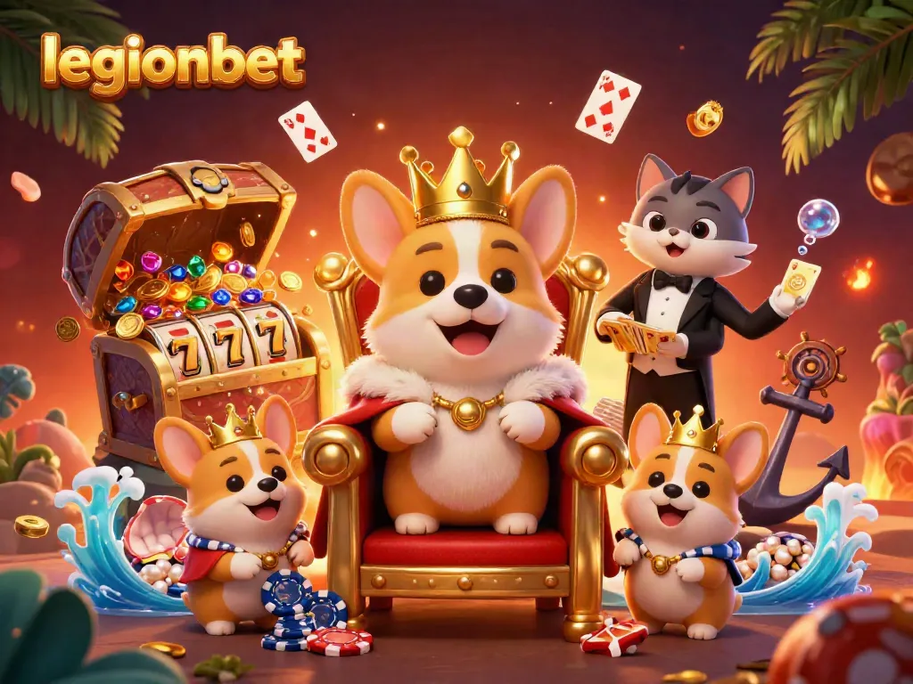 Experience thrilling gameplay with legionbet’s corgi-themed casino scene filled with vibrant slots and treasures.