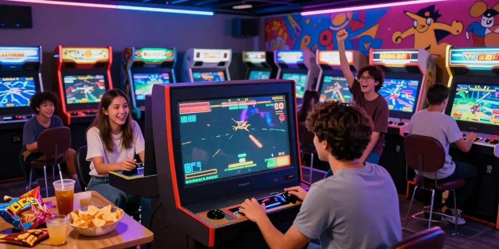 Engaged gamers at an arcade enjoying the vibrant atmosphere of rokok88.