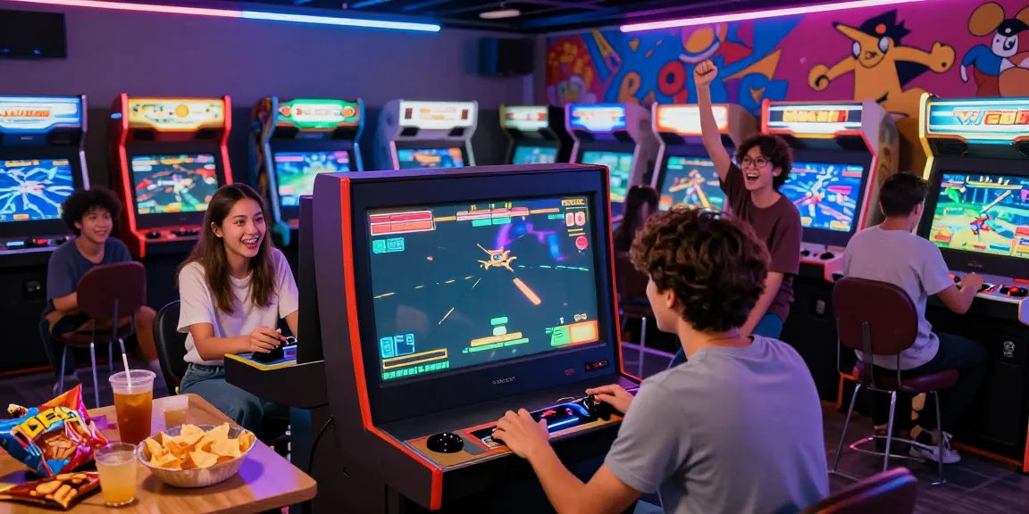 Engaged gamers at an arcade enjoying the vibrant atmosphere of rokok88.