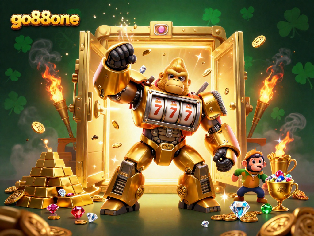 Win big at go88one with the exhilarating golden gorilla mech in action, surrounded by treasures.