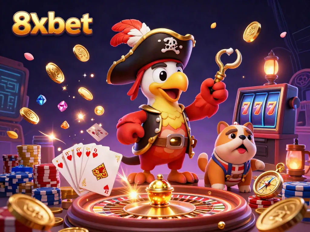 Experience the excitement of 8xbet with pirates, treasure, and thrilling betting games in an action-packed casino scene.
