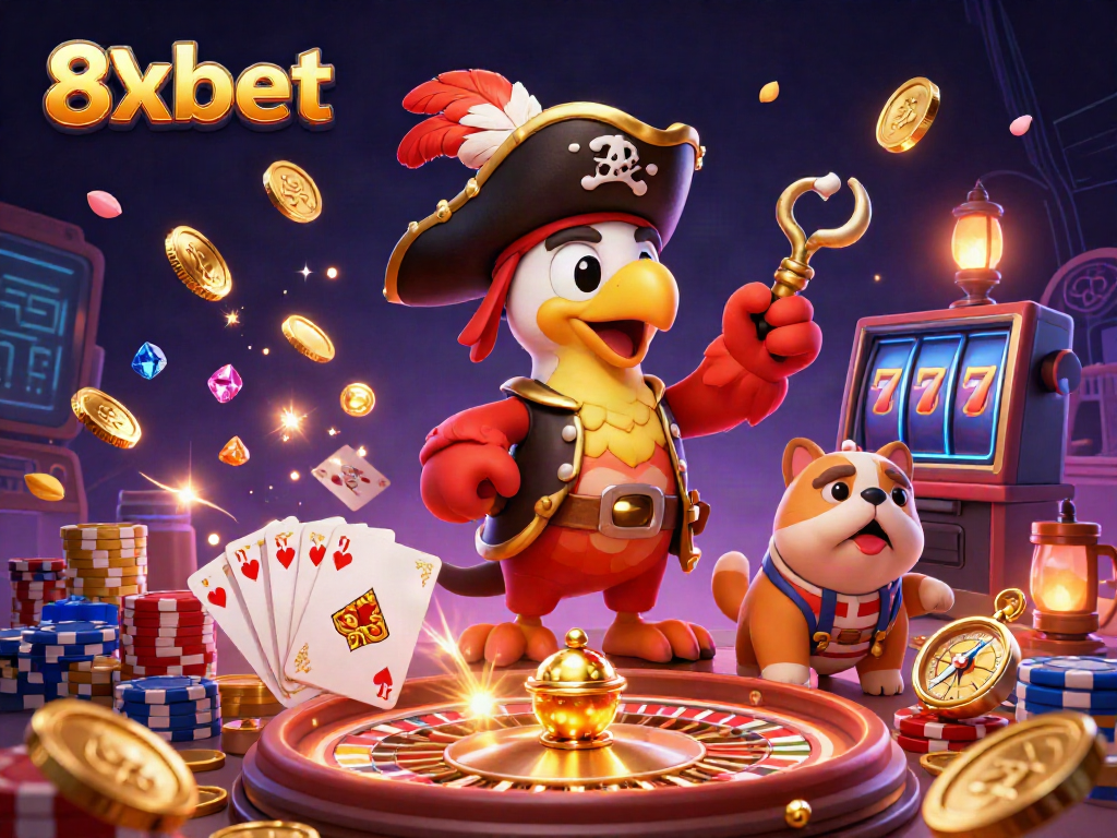 Experience the excitement of 8xbet with pirates, treasure, and thrilling betting games in an action-packed casino scene.