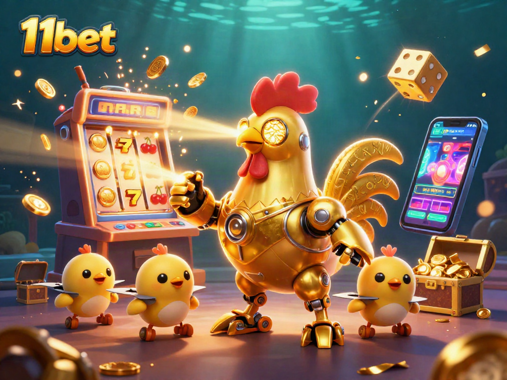 Engage with 11bet's thrilling 3D gambling adventure with a golden rooster robot and baby chick drones.