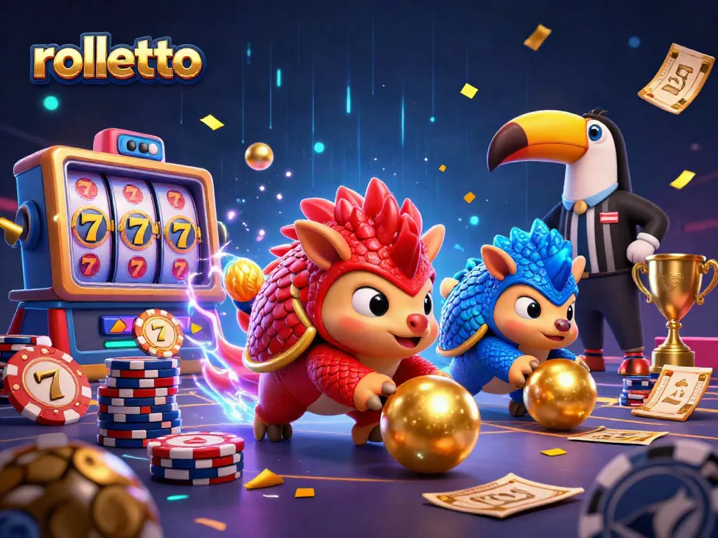 rolletto casino pangolins rolling golden balls through poker chips, showcasing vibrant casino action with sport elements