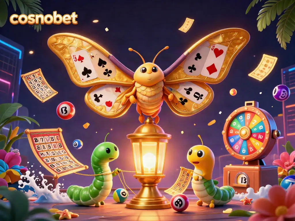Win at cosmobet with vibrant casino-themed illustration featuring dynamic lottery balls and golden elements