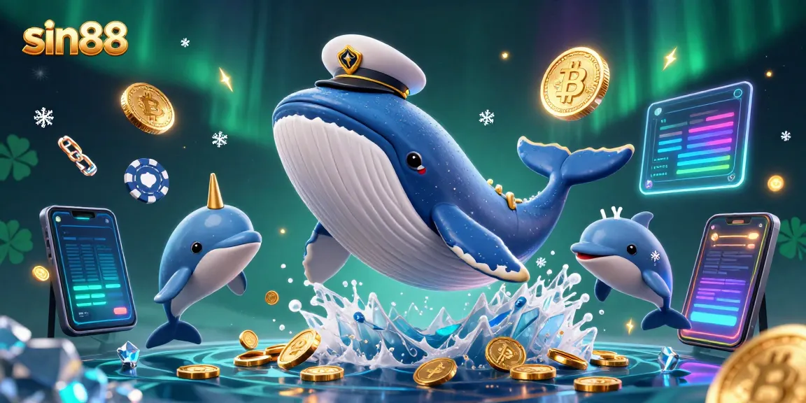Engage in thrilling action at sin88 with a massive whale, narwhal, and dolphins amongst vibrant coins and crypto elements.