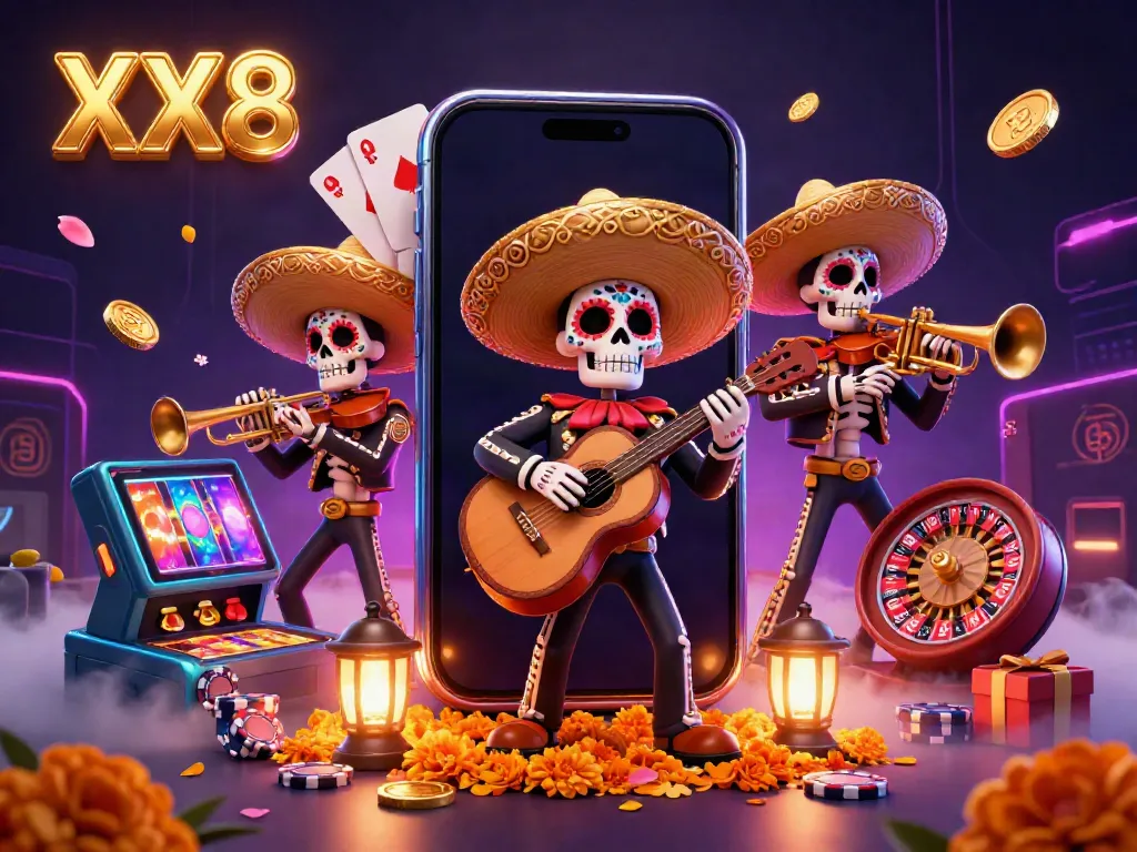 Engage in thrilling gambling with the vibrant XX8 mariachi band amid a colorful slots scene.