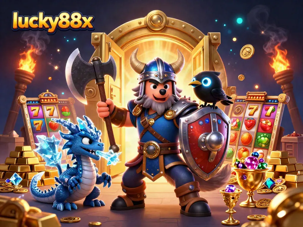 Win big with lucky88x in a vibrant casino scene packed with gold and slot elements.
