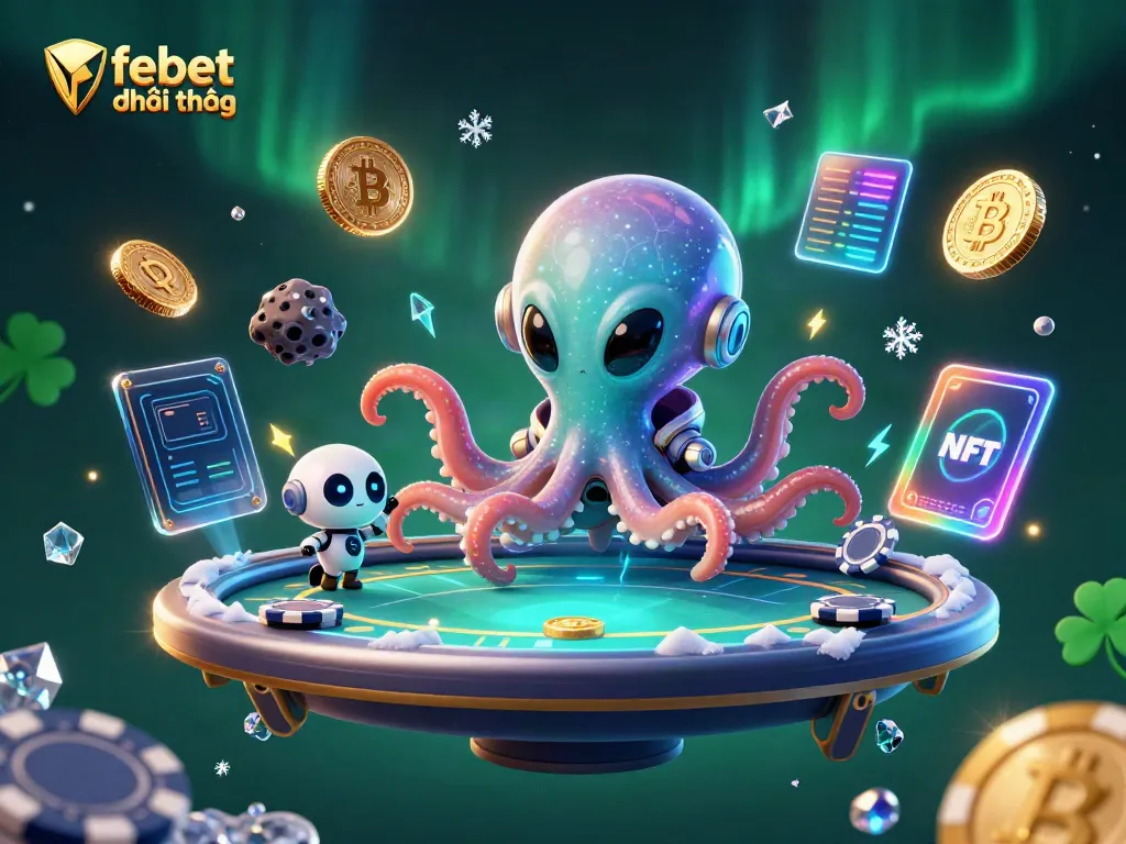 Play and win at febet đổi thưởng in a vibrant 3D alien casino world featuring exciting poker action.