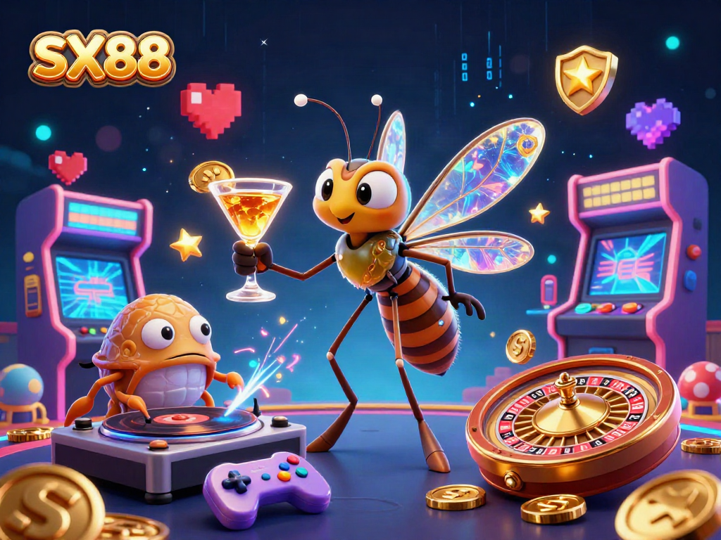 SX88 casino mascot scene with animated characters and vibrant gaming elements showcasing thrill and excitement.