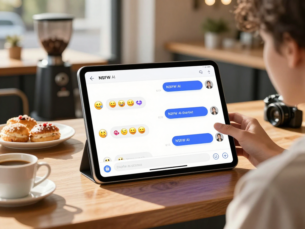 Interactive NSFW AI chat interface in a vibrant café setting, showcasing playful engagement.