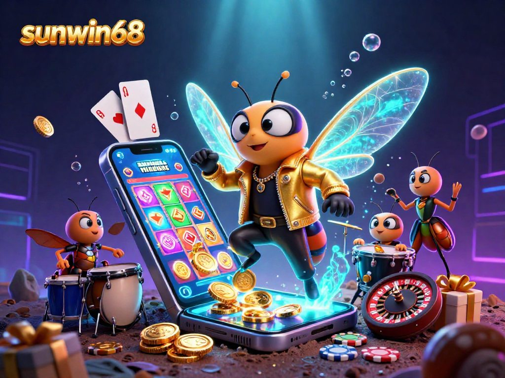 Experience the excitement of sunwin68 with a pulsating 3D casino scene featuring buzzing characters and vibrant game elements.